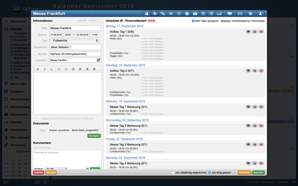 Screenshot Personalbedarf der Planungssoftware GigPlaner