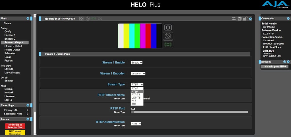 Parameter für das Streaming – Screenshot